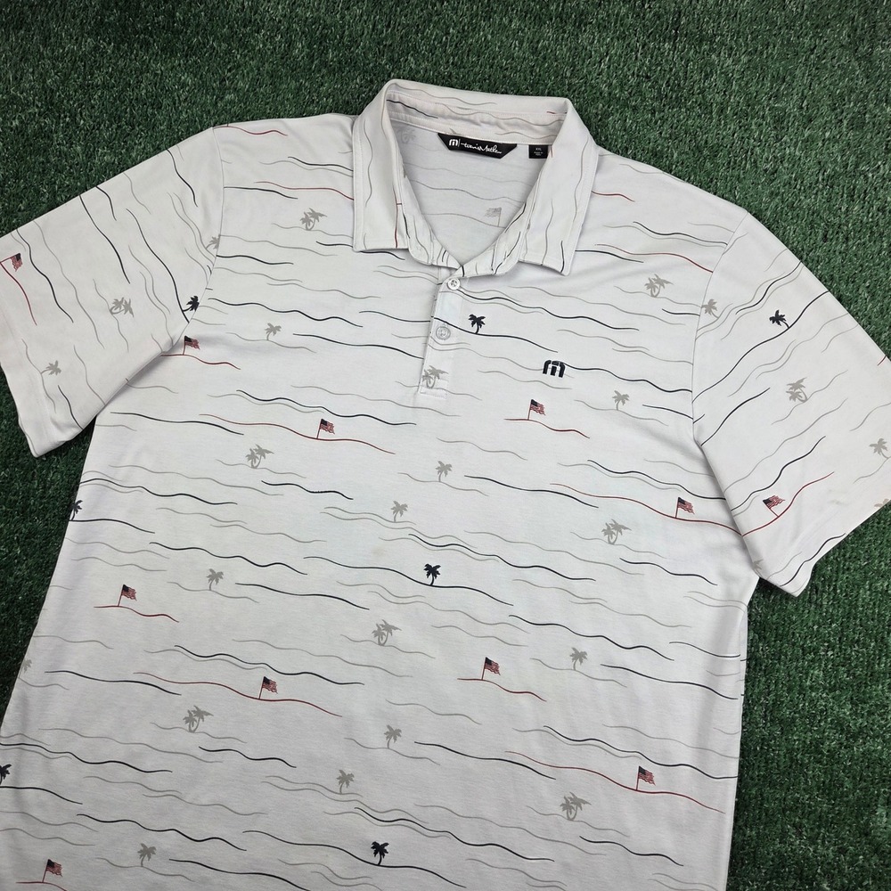 TravisMathew Mens XXL Polo Shirt Gray Palm Tree American Flag Golf Performance - Picture 1 of 6